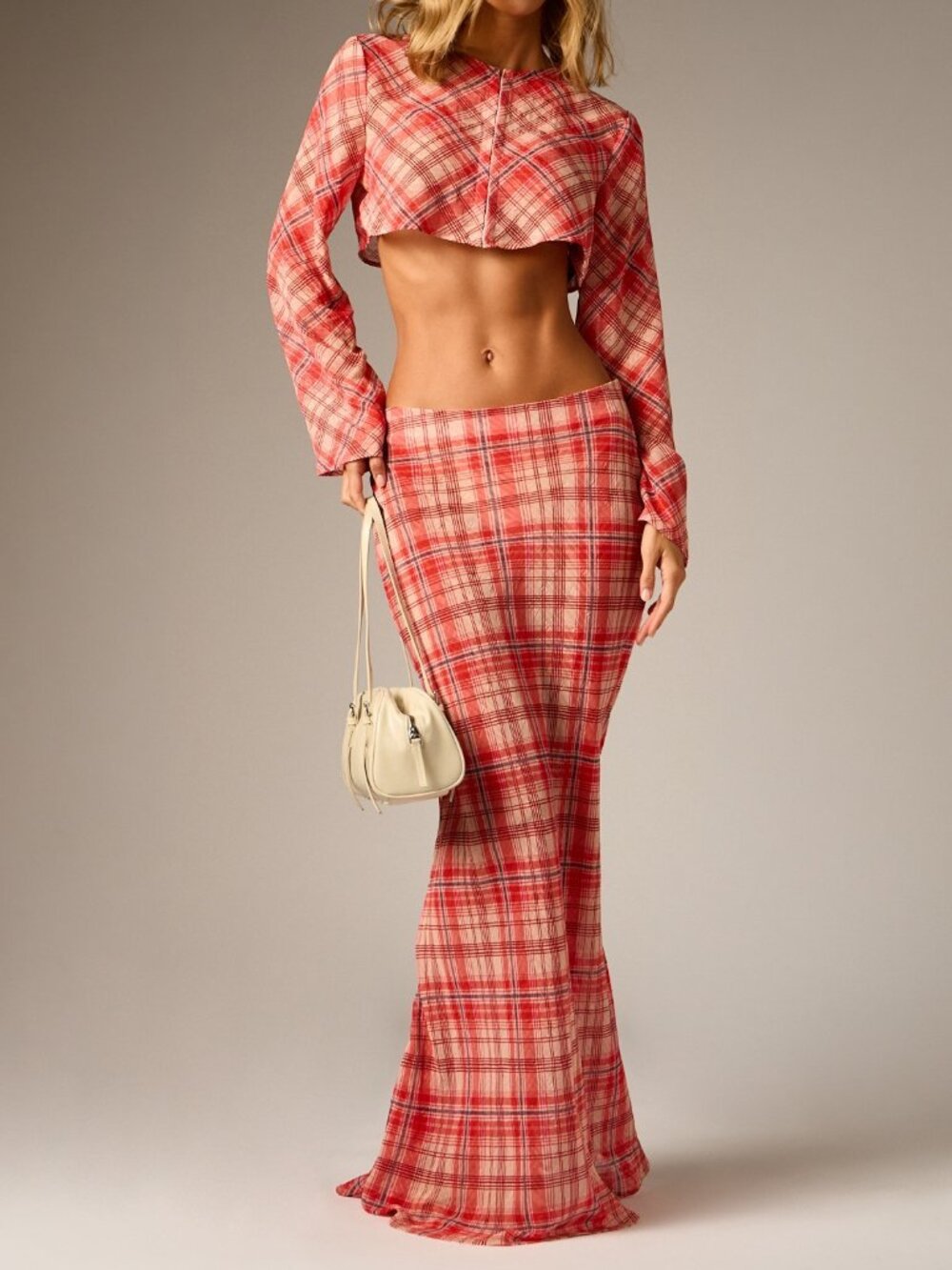 Multicolor Elegant Women's Plaid Co-Ord Set Crop Blouse With Bell Sleeves
